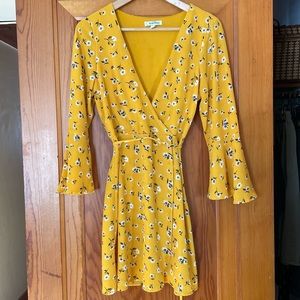 Yellow Daisy Print Faux Wrap Dress
